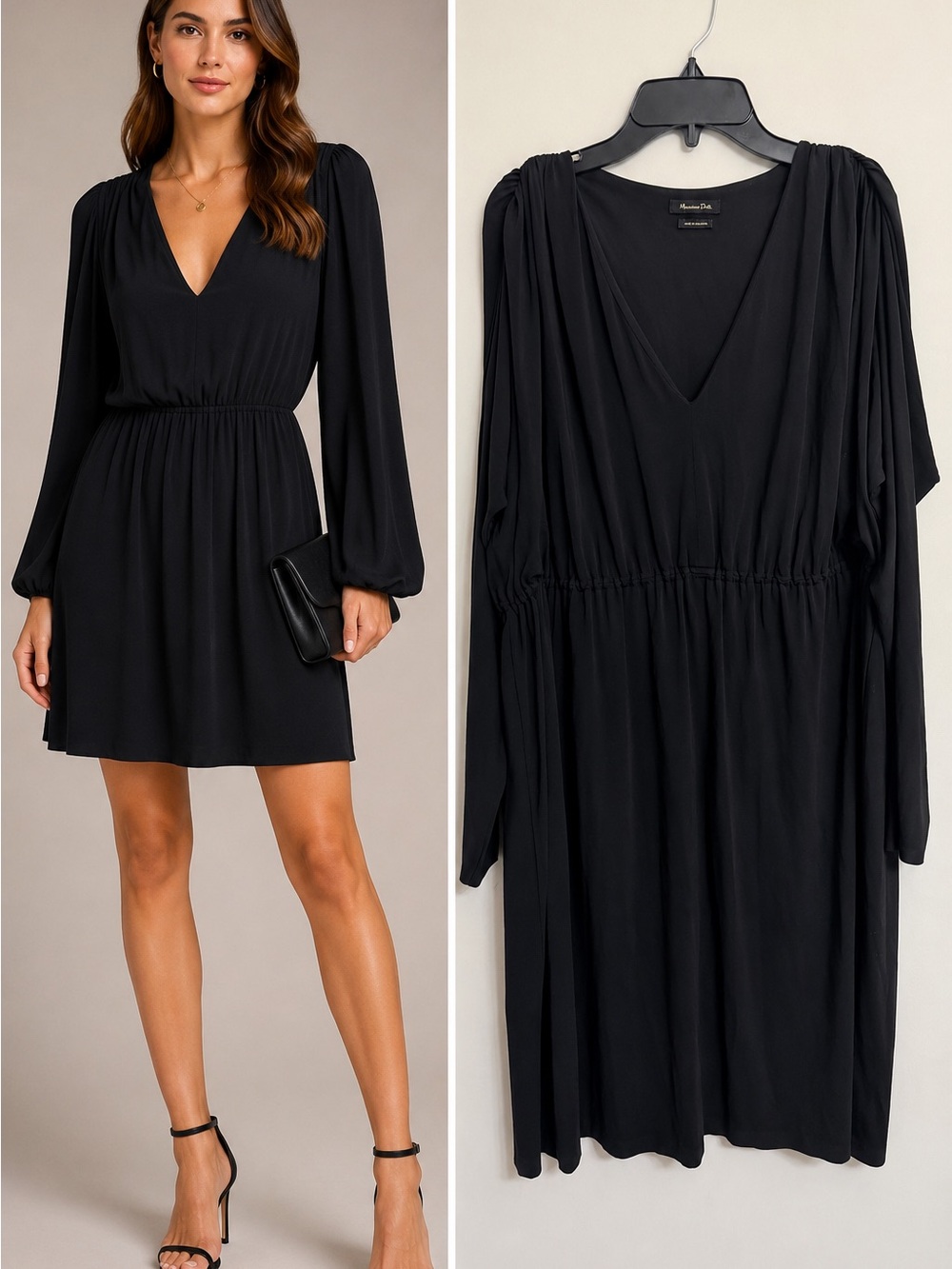 Massimo Dutti Black Long Sleeve V-Neck Mini Dress Women’s Size S Elegant Stretch